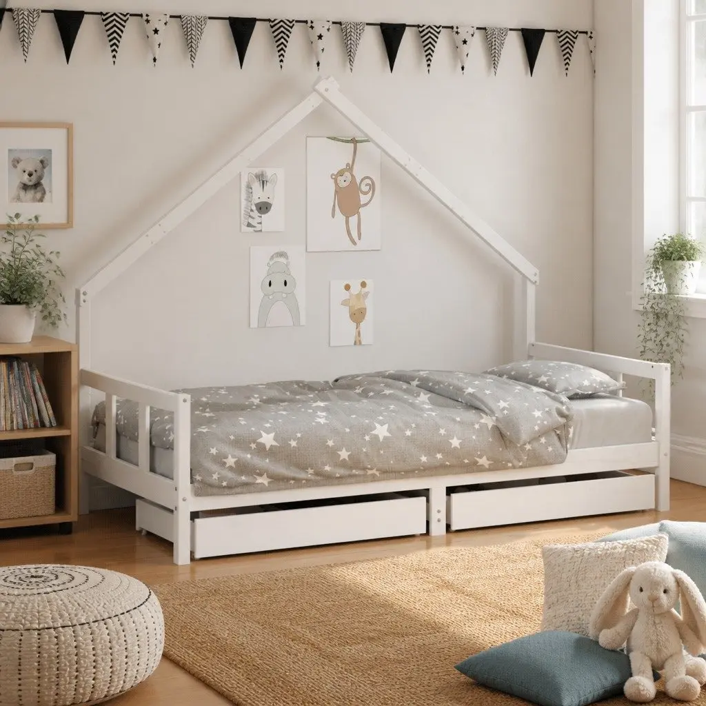 White Wooden Kids Bed Frame with Fun Storage Drawers