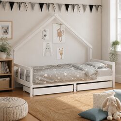 White Wooden Kids Bed Frame with Fun Storage Drawers