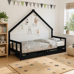 Wooden House Design Kids Bed Frame with Storage 90x190 cm