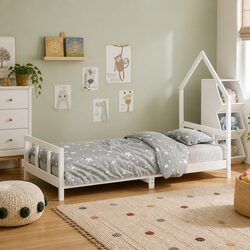 Single Wooden House Bed Frame for Kids - Low Height Pine