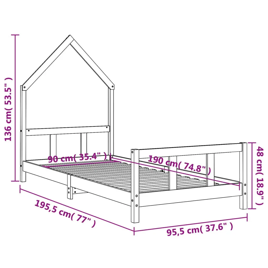 Kids Bed Frame Solid Pine Wood 92x187cm White House Bed