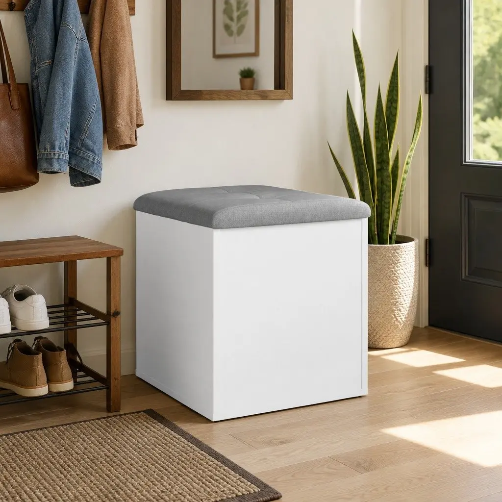 White Storage Bench with Padded Seat, 42x42x45 cm