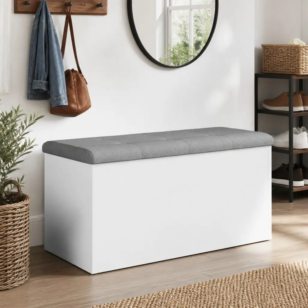 Storage Bench Engineered Wood 82x42x45 cm White Padded Seat Hinged Lid