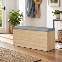 Durable Brown Engineered Wood Storage Bench with Padded Seat