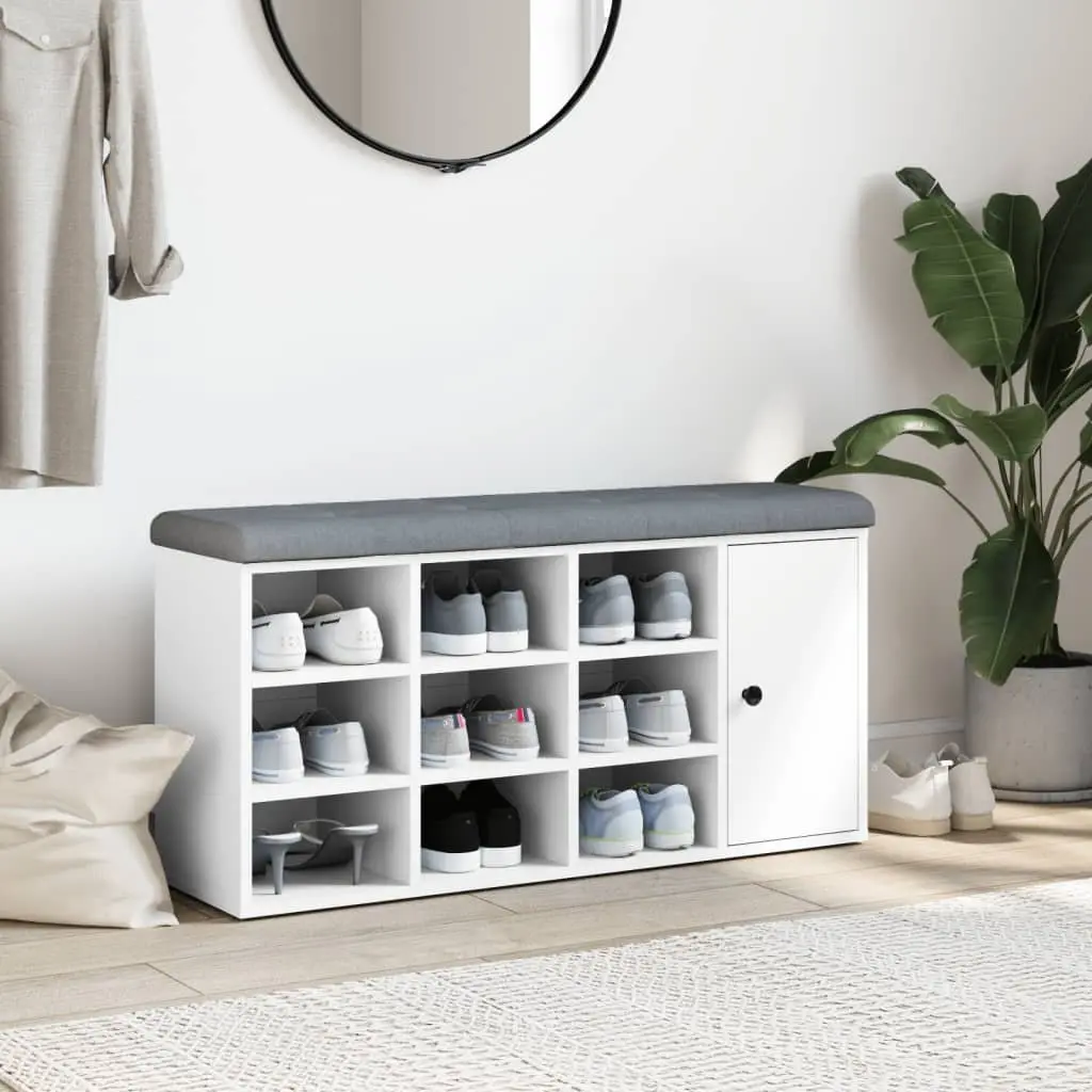 White Shoe Bench with Ample Storage and Padded Seat