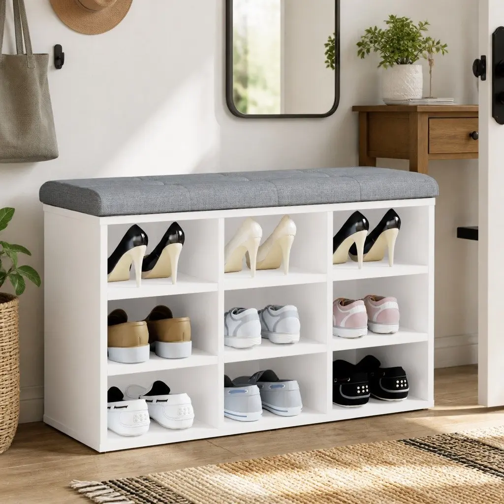 White Shoe Bench with Padded Cushion and Storage