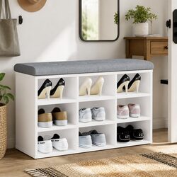 White Shoe Bench with Padded Cushion and Storage