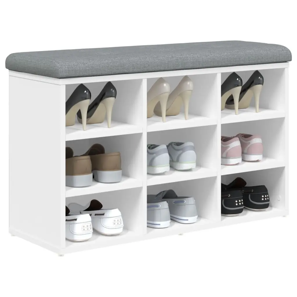White Shoe Bench with Padded Cushion and Storage