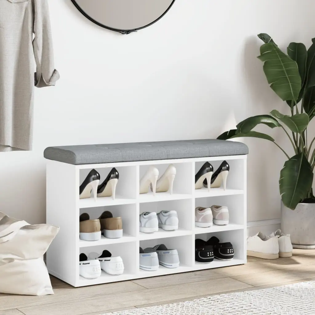 White Shoe Bench with Padded Cushion and Storage