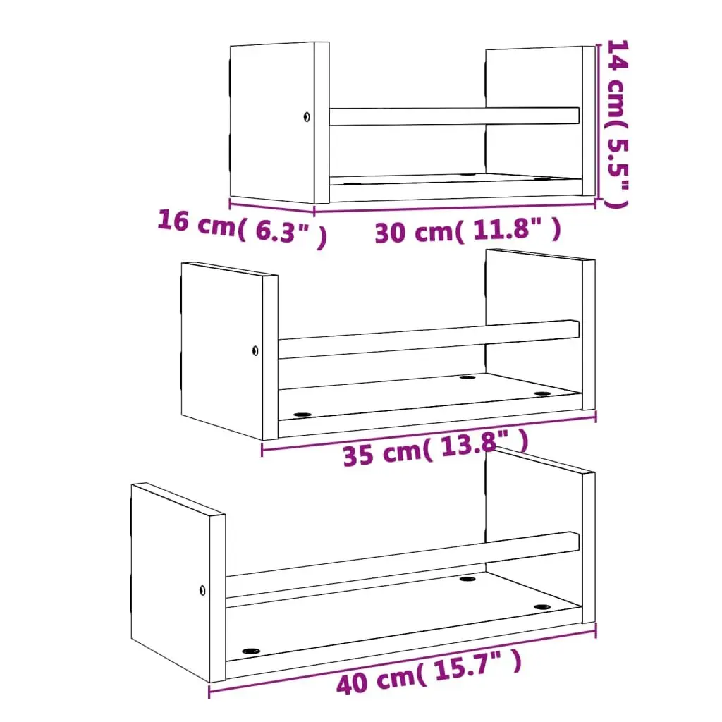 3 Piece Floating Wall Shelf Set in Brown
