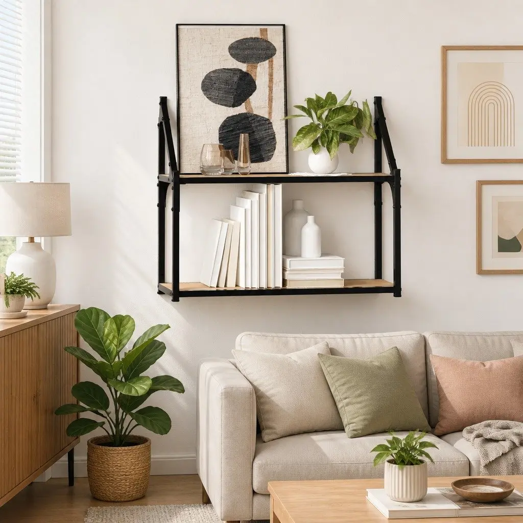 2-Tier Wall Shelf in Brown for Home Office