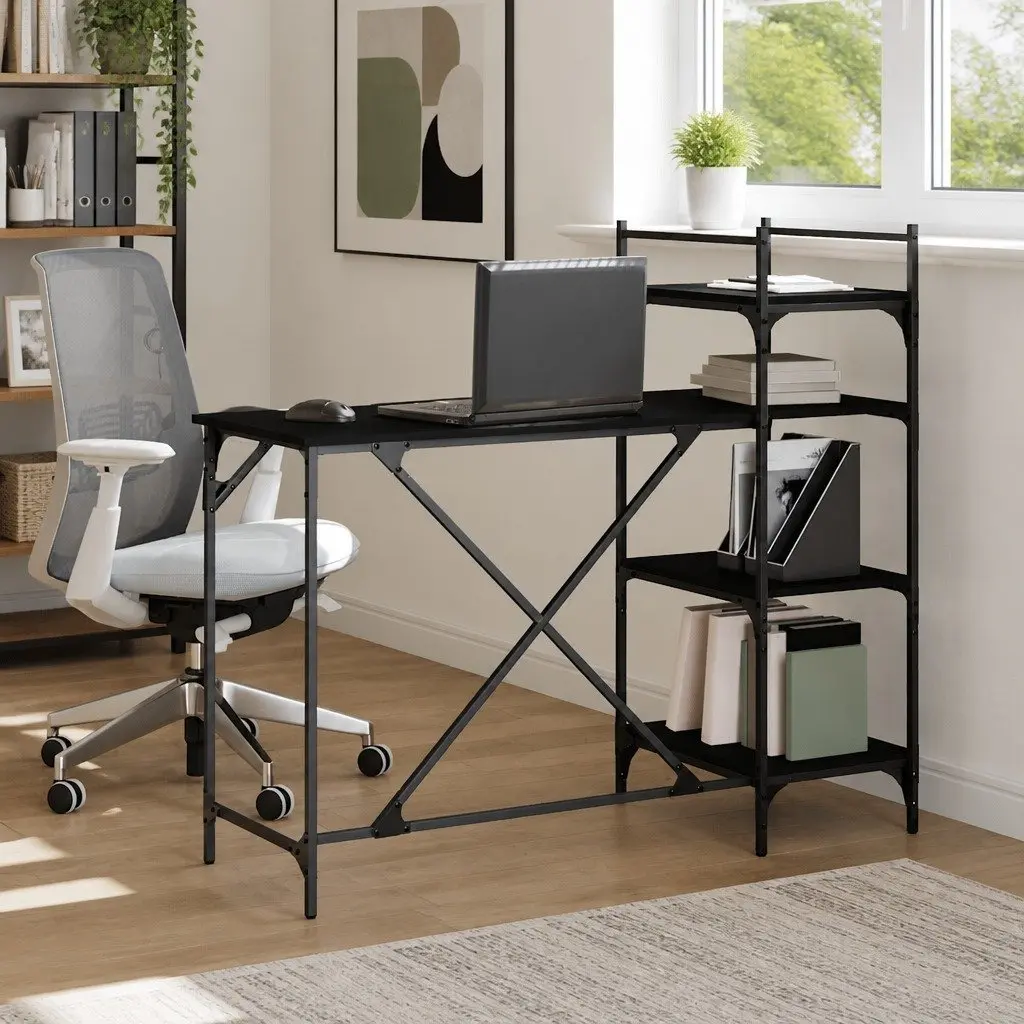 Black Computer Desk with Integrated Shelves