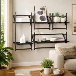 4-Piece Black Floating Shelves with Integrated Bars