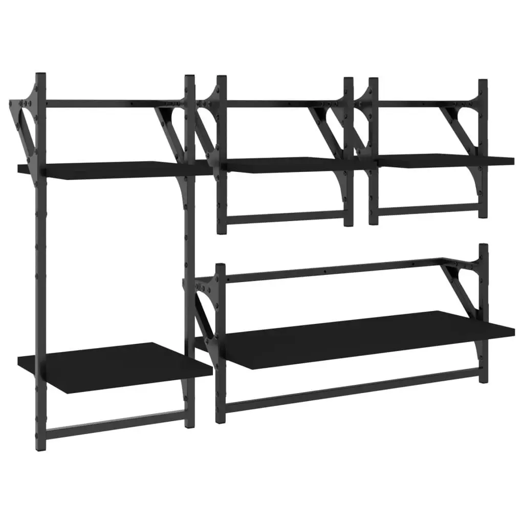 4-Piece Black Floating Shelves with Integrated Bars