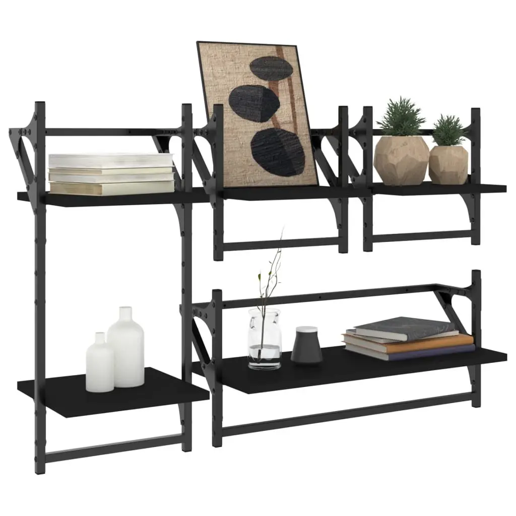 4-Piece Black Floating Shelves with Integrated Bars