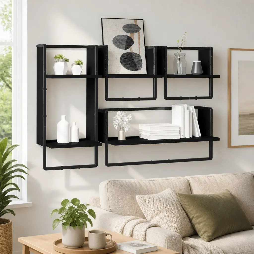 4-Piece Floating Wall Shelf Set with Bars in Black