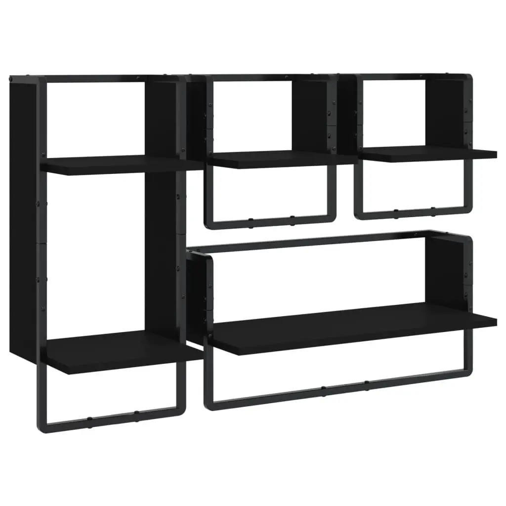 4-Piece Floating Wall Shelf Set with Bars in Black