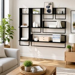 Black 6-Piece Floating Shelf Set with Bars for Storage