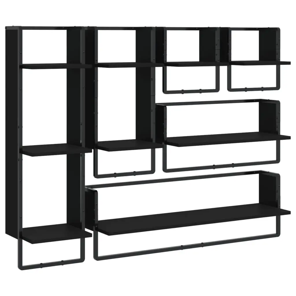 Black 6-Piece Floating Shelf Set with Bars for Storage
