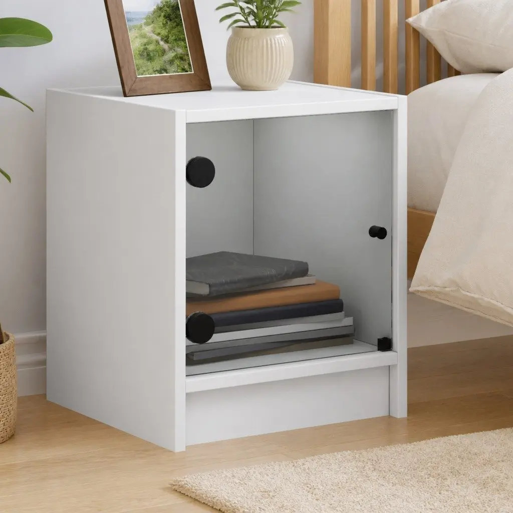 White Glass Door Bedside Cabinet for Storage