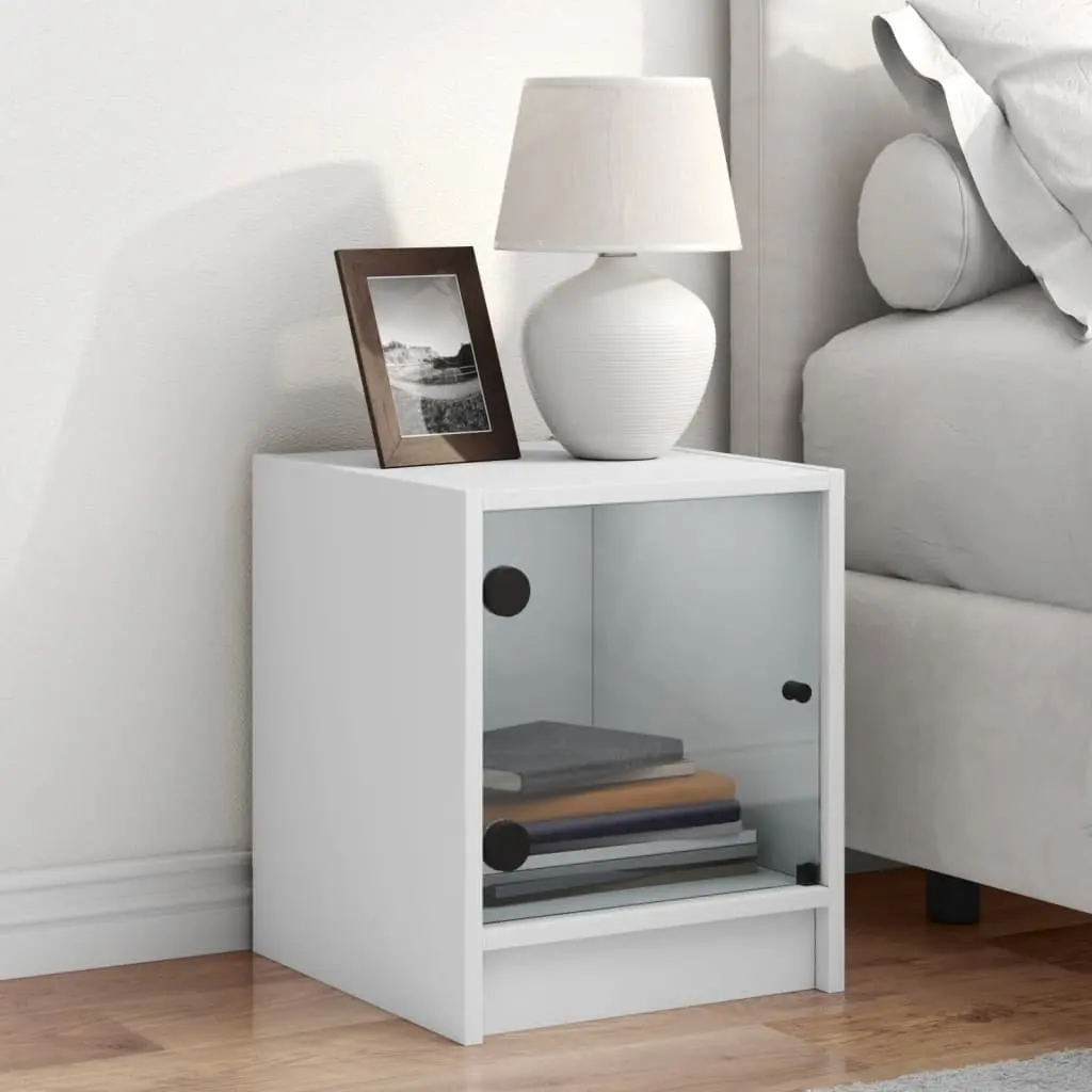 White Glass Door Bedside Cabinet for Storage