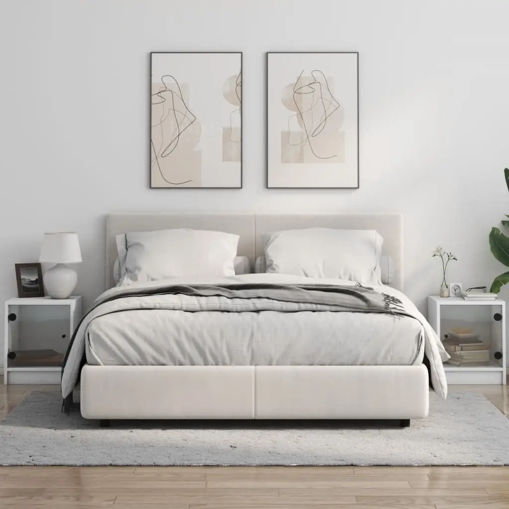 Bedside Cabinets Engineered Wood Glass Doors 2 pcs White