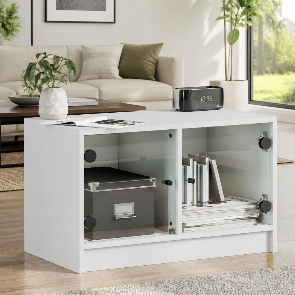 White TV Cabinet with Glass Doors and Storage