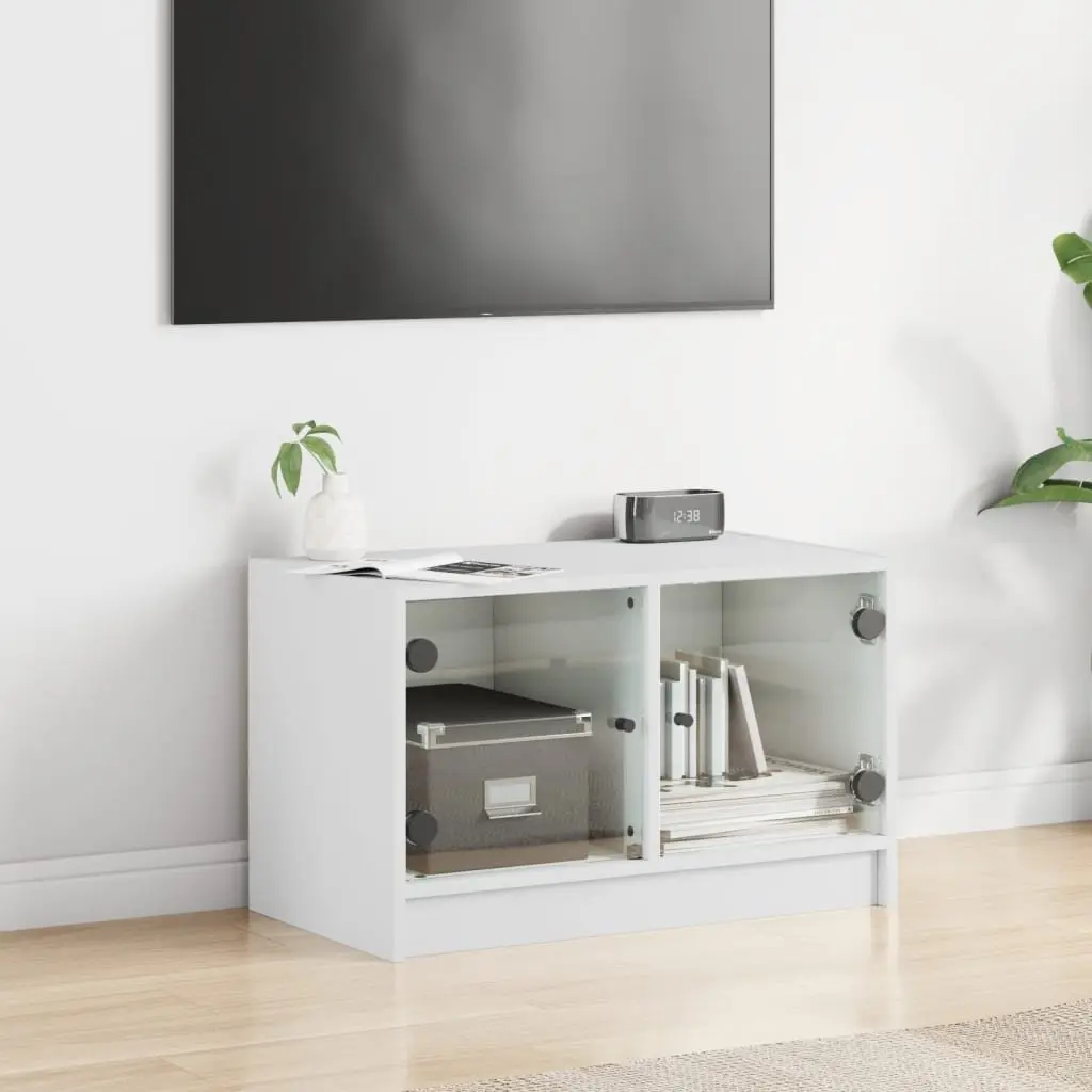White TV Cabinet with Glass Doors and Storage