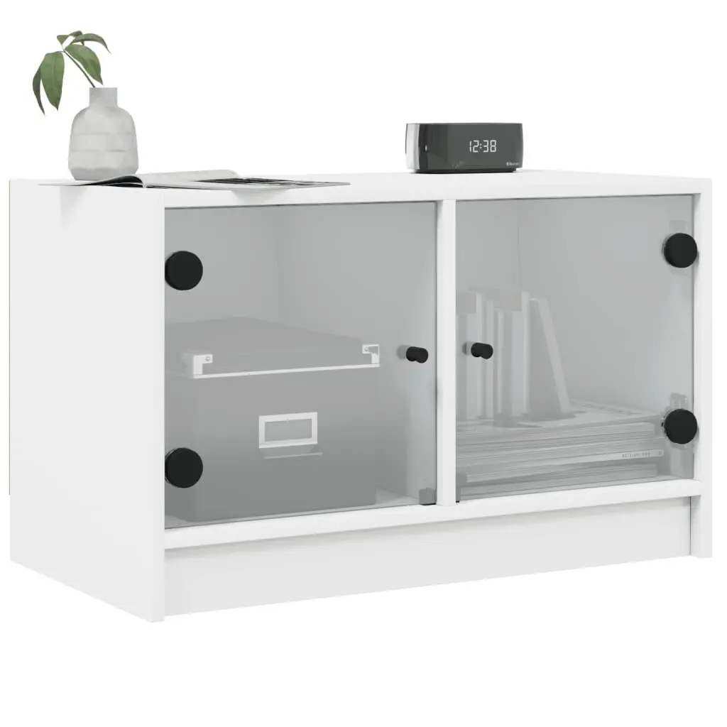 White TV Cabinet with Glass Doors and Storage