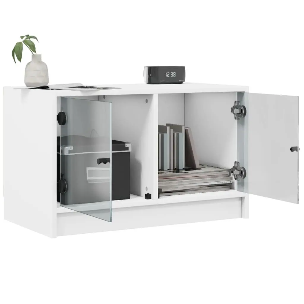 White TV Cabinet with Glass Doors and Storage