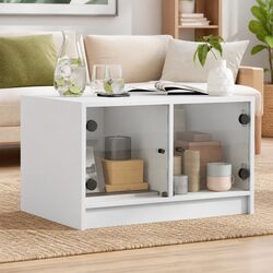 Stylish White Coffee Table with Glass Doors 68x50x42cm