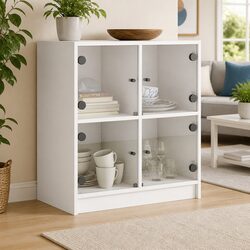 Stylish White Side Cabinet with Glass Doors for Storage