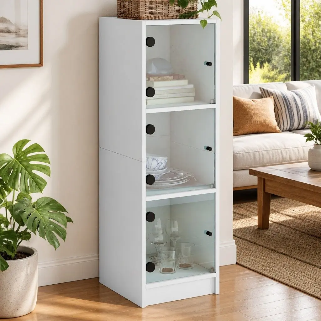 White Highboard Storage Cabinet with Glass Doors