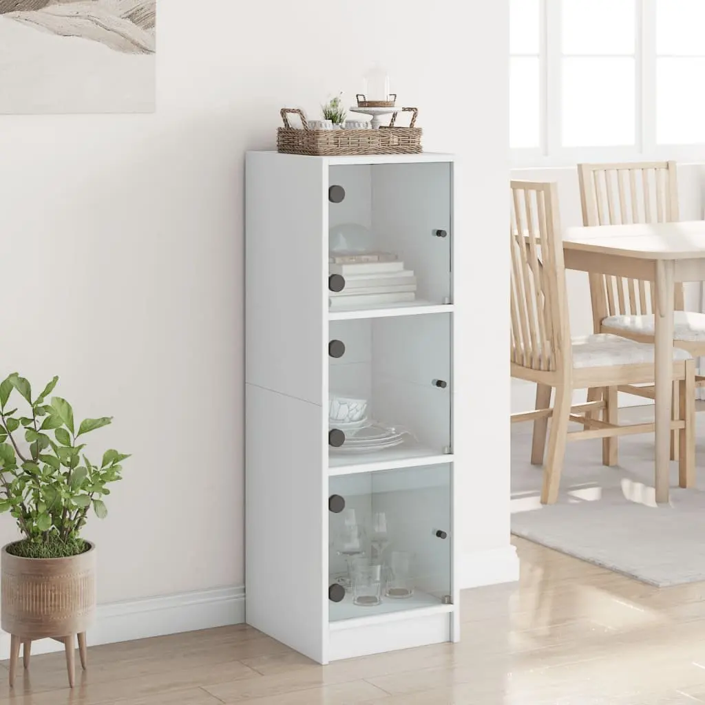 White Highboard Storage Cabinet with Glass Doors