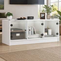 Durable White TV Cabinet with Glass Doors 102x37x42cm