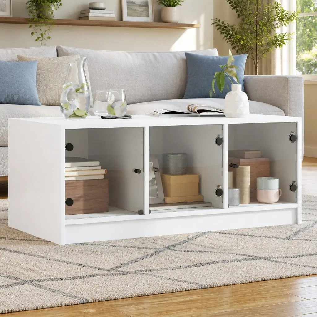 White Coffee Table with Glass Doors for Storage