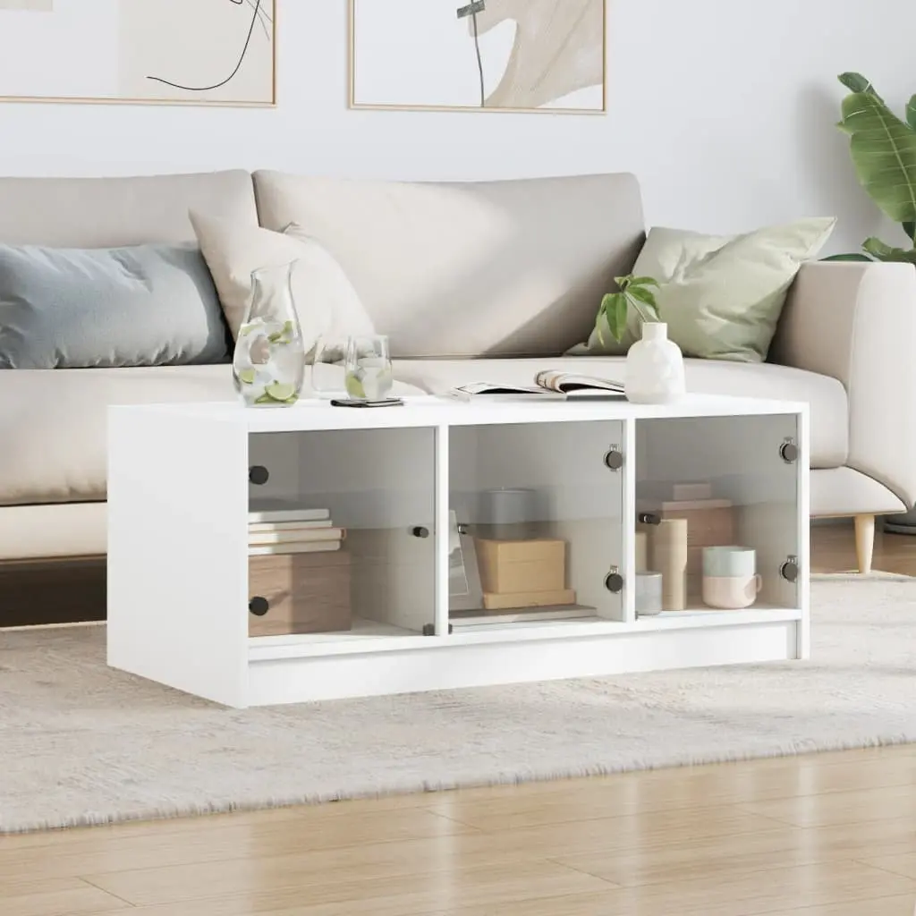 White Coffee Table with Glass Doors for Storage