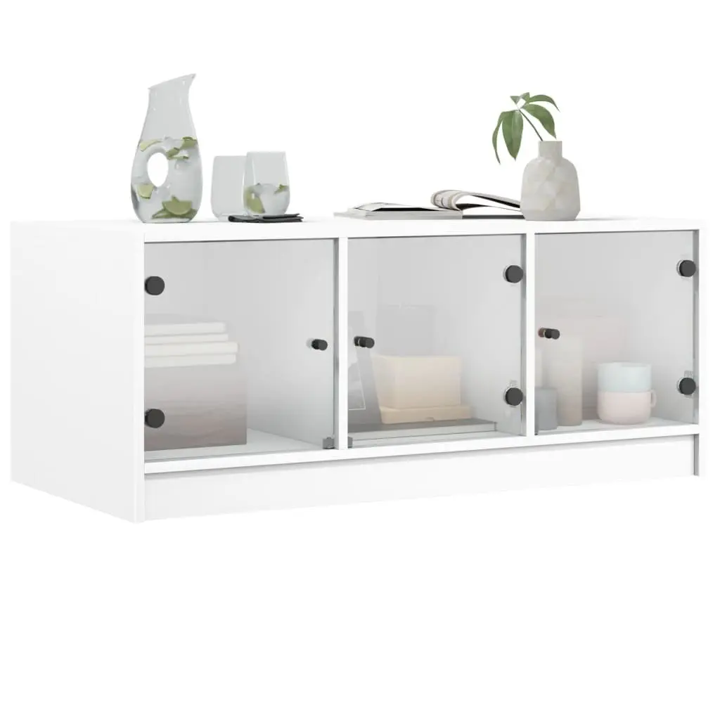 White Coffee Table with Glass Doors for Storage