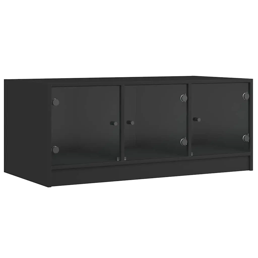 Coffee Table Engineered Wood 102 x 50 x 42 cm Black with Glass Doors Storage Accent Living Room Furniture