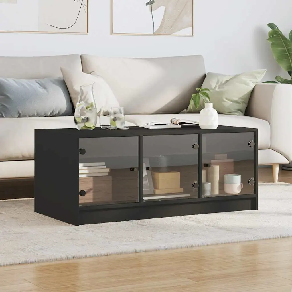 Coffee Table Engineered Wood 102 x 50 x 42 cm Black with Glass Doors Storage Accent Living Room Furniture