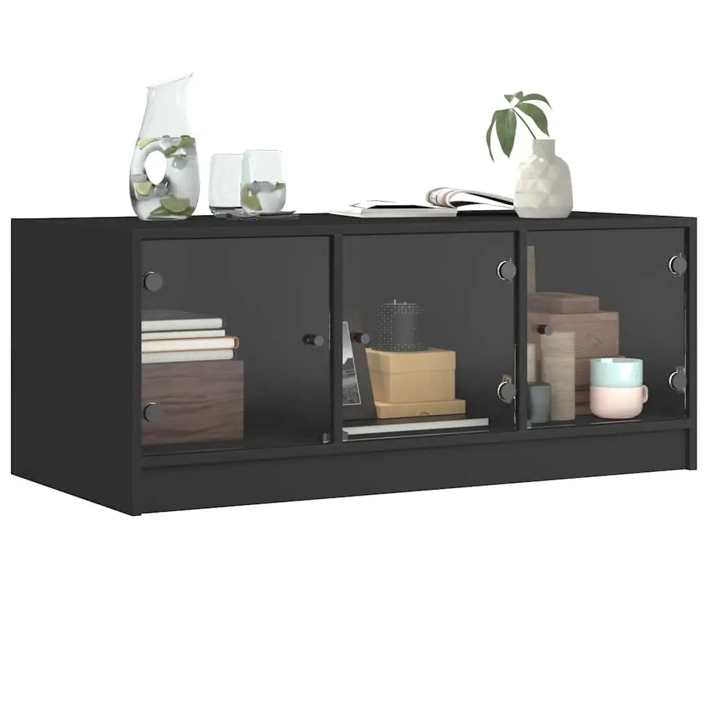 Coffee Table Engineered Wood 102 x 50 x 42 cm Black with Glass Doors Storage Accent Living Room Furniture
