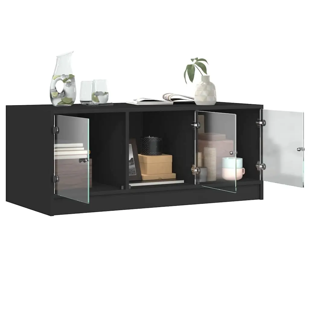 Coffee Table Engineered Wood 102 x 50 x 42 cm Black with Glass Doors Storage Accent Living Room Furniture