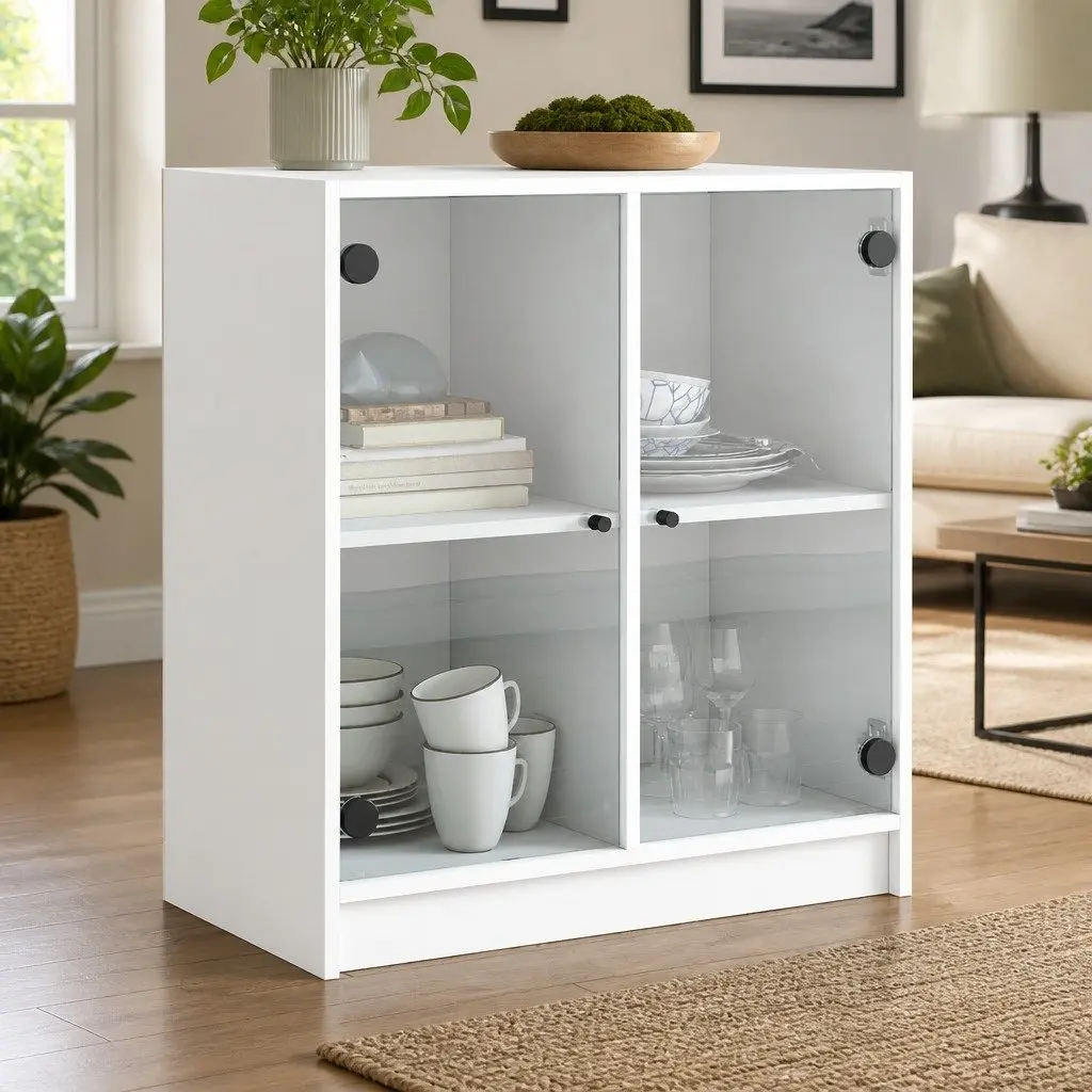 White Storage Cabinet with Glass Doors, 68x37x75.5cm