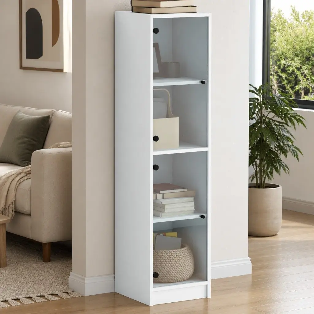 Highboard Storage Cabinet Engineered Wood Glass Doors 35x37x142cm White