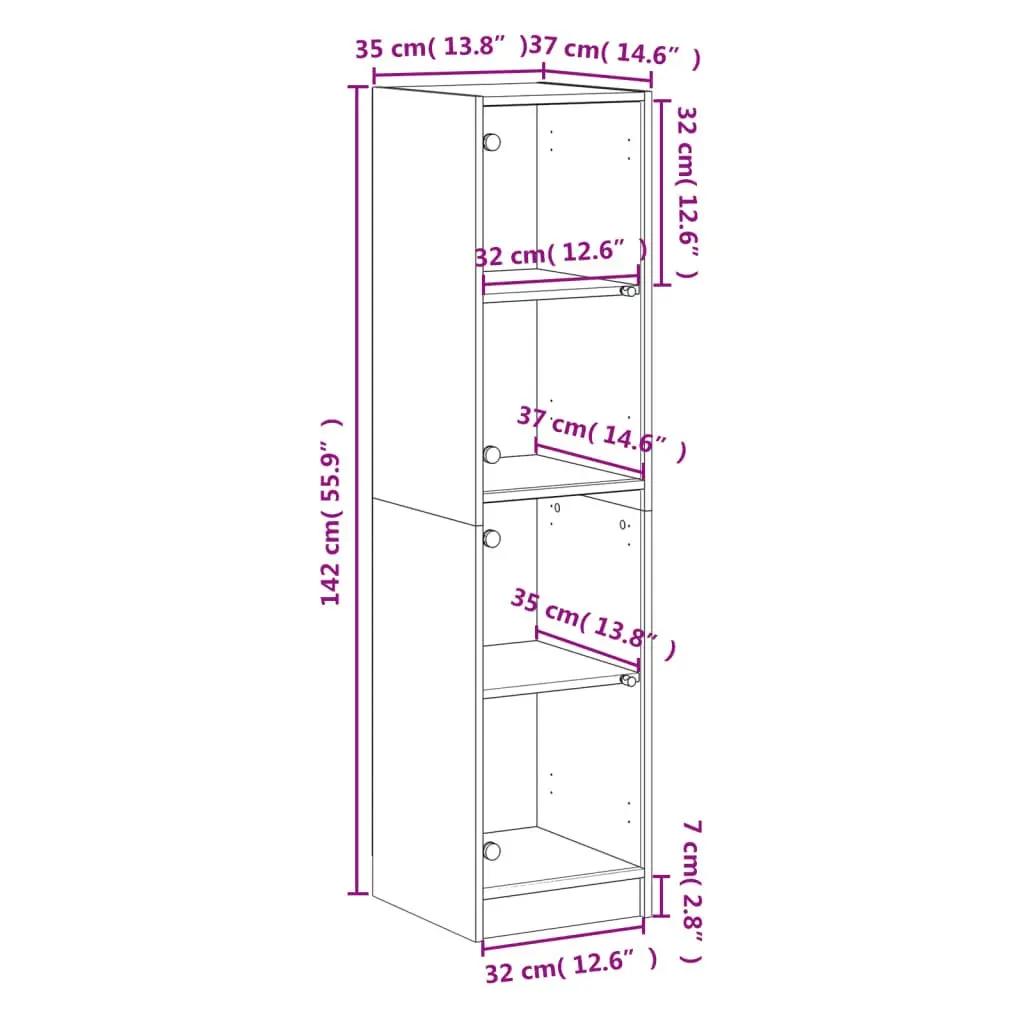 Highboard Storage Cabinet Engineered Wood Glass Doors 35x37x142cm White