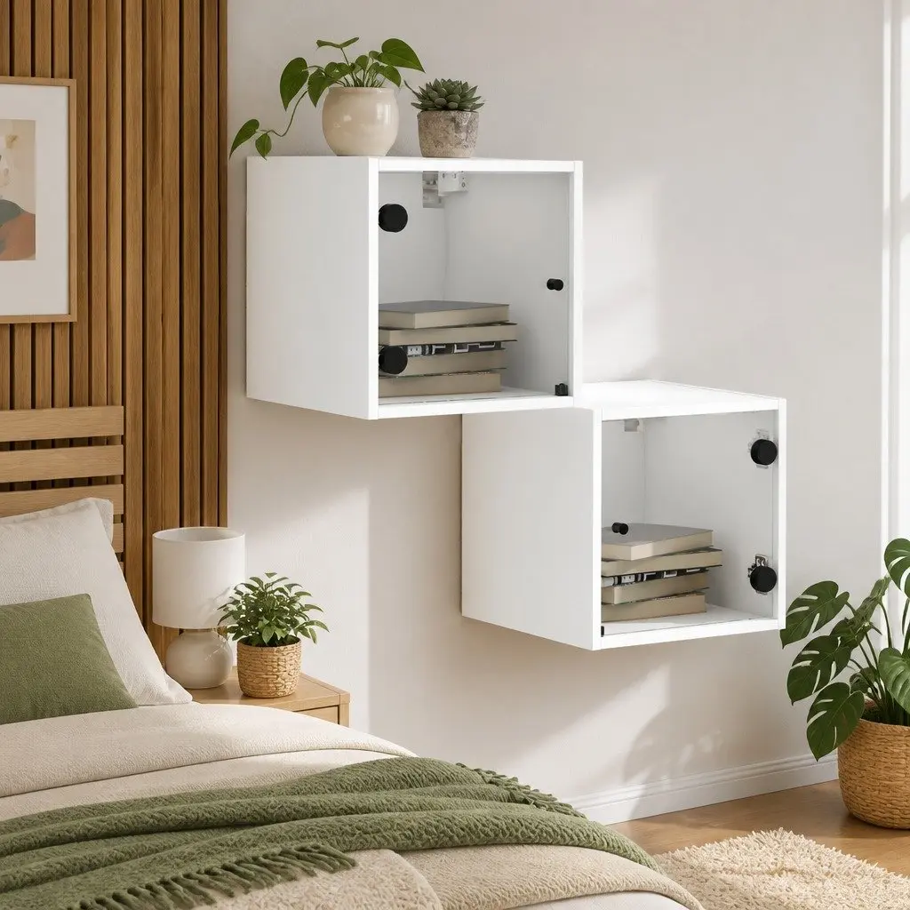 Bedside Cabinet Engineered Wood Wall-Mounted Storage Organiser White 35x37x35cm 2 Piece