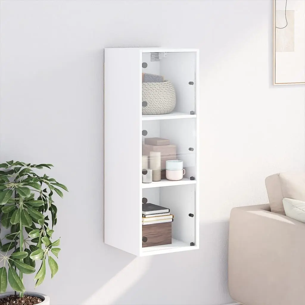Wall Cabinet with Glass Doors White Storage Unit 35x37x100cm Organiser