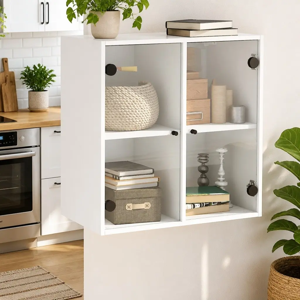 Wall Cabinet with Glass Doors White Storage Unit 68x37x68.5cm Floating Shelving