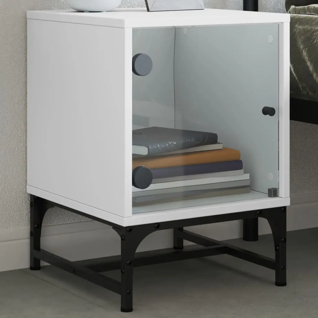 White Bedside Table Cabinets with Glass Doors