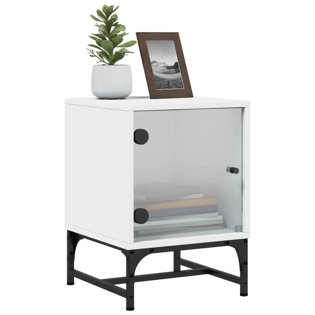White Bedside Table Cabinets with Glass Doors